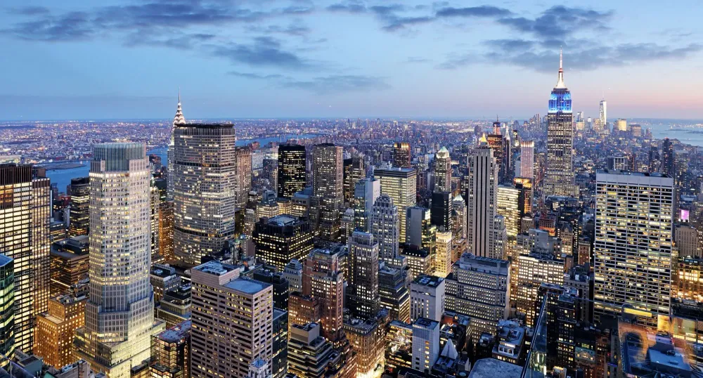 Aerial view of the New York City skyline at sunset